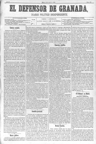 'El Defensor de Granada  : diario político independiente' - Año IV Número 918  - 1883 Abril 14