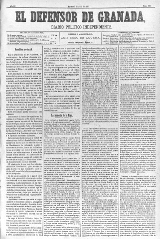 'El Defensor de Granada  : diario político independiente' - Año IV Número 921  - 1883 Abril 17