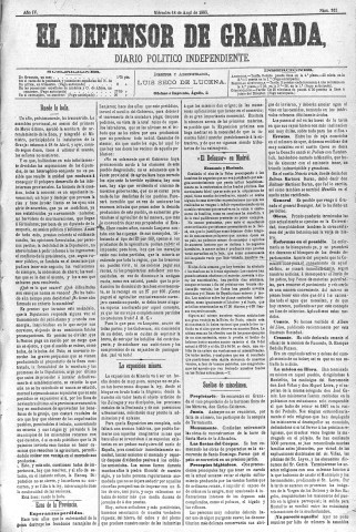 'El Defensor de Granada  : diario político independiente' - Año IV Número 922  - 1883 Abril 18