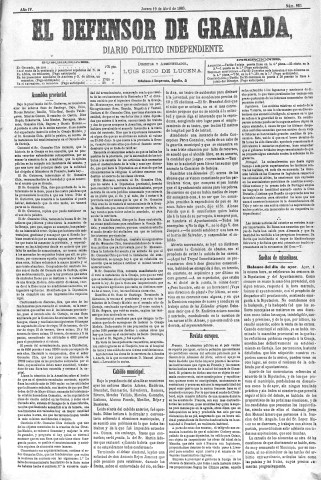 'El Defensor de Granada  : diario político independiente' - Año IV Número 923  - 1883 Abril 19