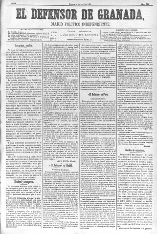 'El Defensor de Granada  : diario político independiente' - Año IV Número 924  - 1883 Abril 20