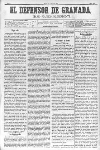 'El Defensor de Granada  : diario político independiente' - Año IV Número 925  - 1883 Abril 21