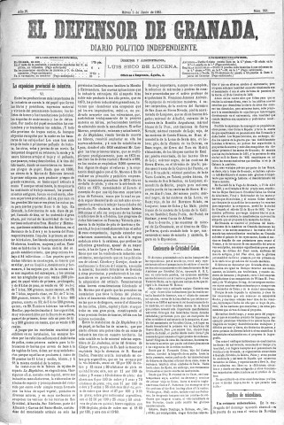 'El Defensor de Granada  : diario político independiente' - Año IV Número 968  - 1883 Junio 05