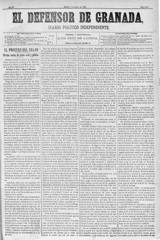 'El Defensor de Granada  : diario político independiente' - Año IV Número 1001  - 1883 Julio 07