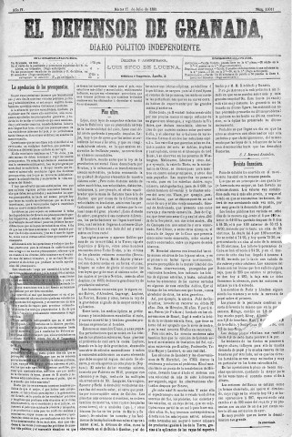'El Defensor de Granada  : diario político independiente' - Año IV Número 1011  - 1883 Julio 17
