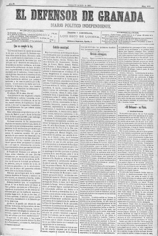 'El Defensor de Granada  : diario político independiente' - Año IV Número 1013  - 1883 Julio 19