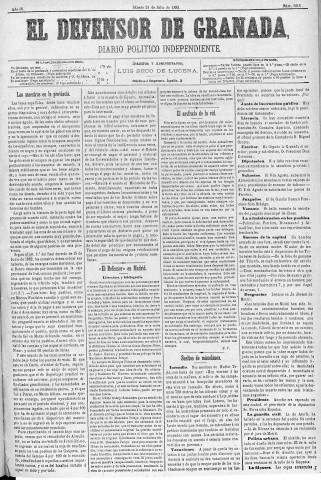 'El Defensor de Granada  : diario político independiente' - Año IV Número 1015  - 1883 Julio 21