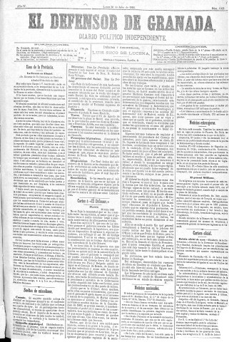 'El Defensor de Granada  : diario político independiente' - Año IV Número 1024  - 1883 Julio 30