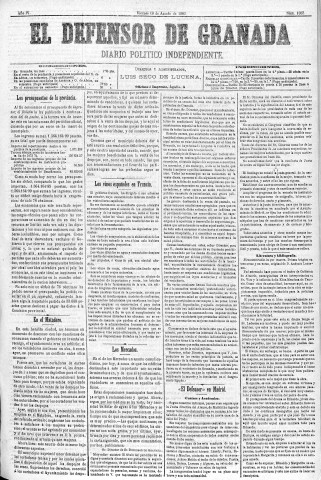 'El Defensor de Granada  : diario político independiente' - Año IV Número 1035  - 1883 Agosto 10