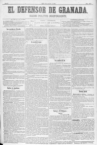 'El Defensor de Granada  : diario político independiente' - Año IV Número 1038  - 1883 Agosto 13