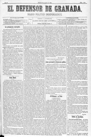 'El Defensor de Granada  : diario político independiente' - Año IV Número 1050  - 1883 Agosto 25