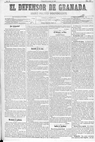 'El Defensor de Granada  : diario político independiente' - Año IV Número 1056  - 1883 Agosto 31