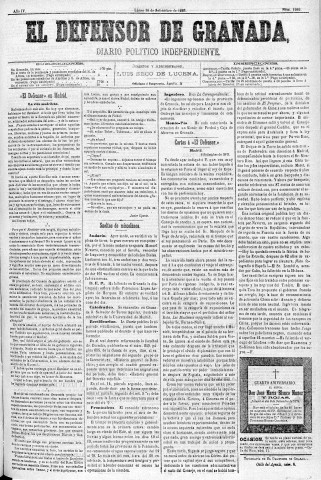 'El Defensor de Granada  : diario político independiente' - Año IV Número 1066  - 1883 Septiembre 10