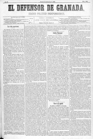'El Defensor de Granada  : diario político independiente' - Año IV Número 1069  - 1883 Septiembre 13