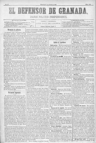 'El Defensor de Granada  : diario político independiente' - Año IV Número 1096  - 1883 Octubre 10