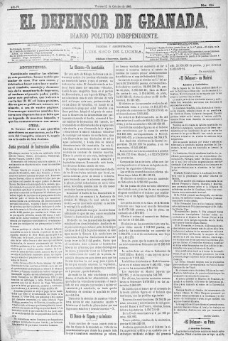 'El Defensor de Granada  : diario político independiente' - Año IV Número 1098  - 1883 Octubre 12