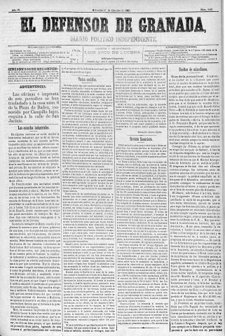 'El Defensor de Granada  : diario político independiente' - Año IV Número 1101  - 1883 Octubre 17