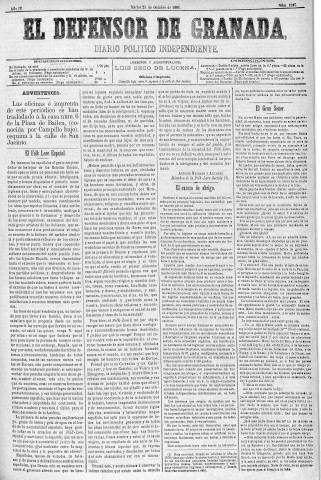 'El Defensor de Granada  : diario político independiente' - Año IV Número 1107  - 1883 Octubre 23