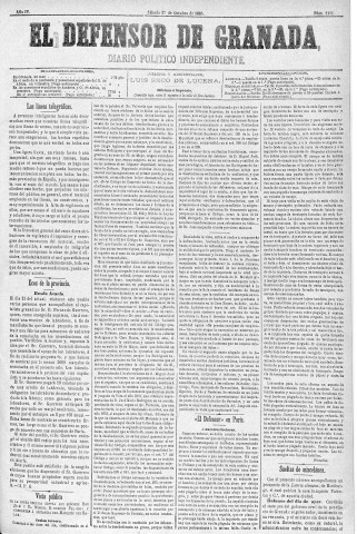 'El Defensor de Granada  : diario político independiente' - Año IV Número 1111  - 1883 Octubre 27
