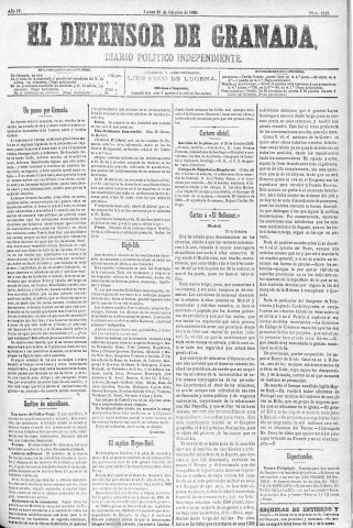 'El Defensor de Granada  : diario político independiente' - Año IV Número 1113  - 1883 Octubre 29