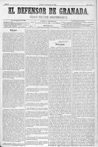 'El Defensor de Granada  : diario político independiente' - Año IV Número 1116  - 1883 Noviembre 01