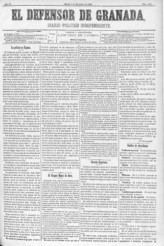 'El Defensor de Granada  : diario político independiente' - Año IV Número 1121  - 1883 Noviembre 06