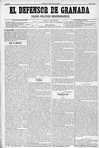 'El Defensor de Granada  : diario político independiente' - Año IV Número 1131  - 1883 Noviembre 16