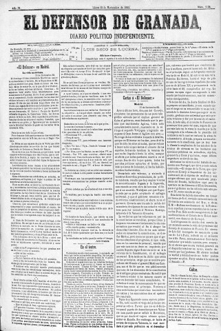 'El Defensor de Granada  : diario político independiente' - Año IV Número 1134  - 1883 Noviembre 19