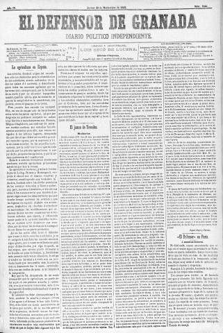 'El Defensor de Granada  : diario político independiente' - Año IV Número 1144  - 1883 Noviembre 29
