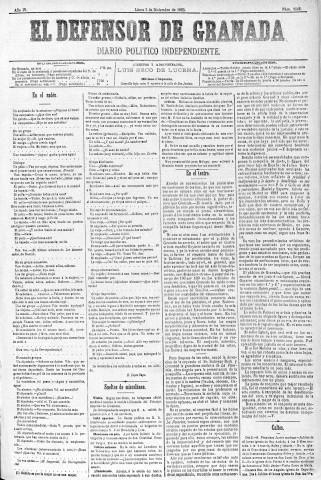 'El Defensor de Granada  : diario político independiente' - Año IV Número 1148  - 1883 Diciembre 03