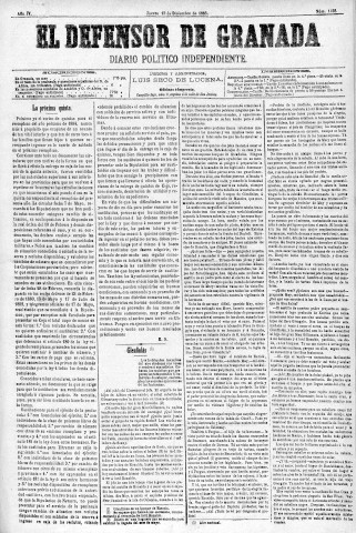 'El Defensor de Granada  : diario político independiente' - Año IV Número 1158  - 1883 Diciembre 13