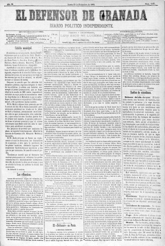 'El Defensor de Granada  : diario político independiente' - Año IV Número 1165  - 1883 Diciembre 20