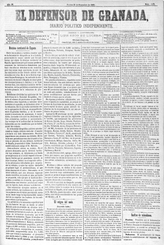 'El Defensor de Granada  : diario político independiente' - Año IV Número 1166  - 1883 Diciembre 21