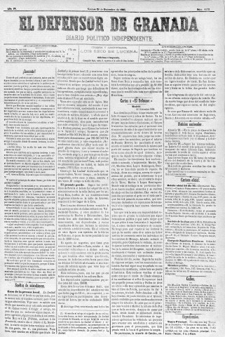'El Defensor de Granada  : diario político independiente' - Año IV Número 1172  - 1883 Diciembre 28