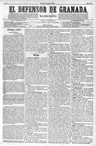 'El Defensor de Granada  : diario político independiente' - Año V Número 1277  - 1884 Abril 13