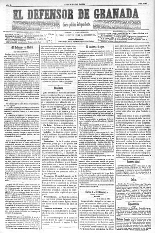 'El Defensor de Granada  : diario político independiente' - Año V Número 1292  - 1884 Abril 28