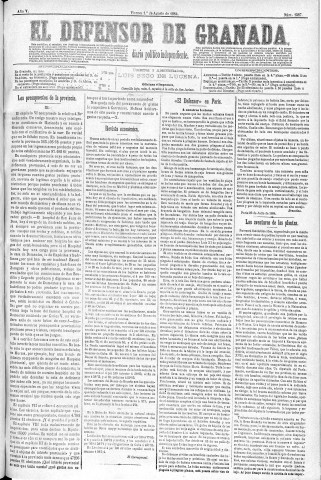 'El Defensor de Granada  : diario político independiente' - Año V Número 1387  - 1884 Agosto 01