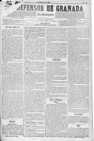 'El Defensor de Granada  : diario político independiente' - Año V Número 1411  - 1884 Agosto 25