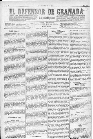 'El Defensor de Granada  : diario político independiente' - Año V Número 1417  - 1884 Septiembre 01