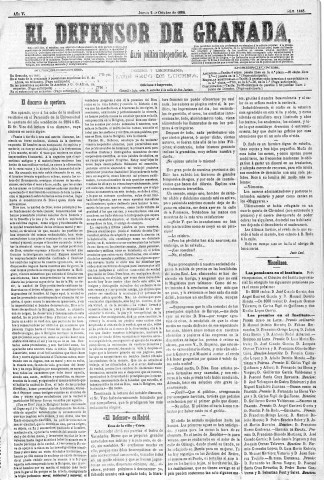 'El Defensor de Granada  : diario político independiente' - Año V Número 1448  - 1884 Octubre 02