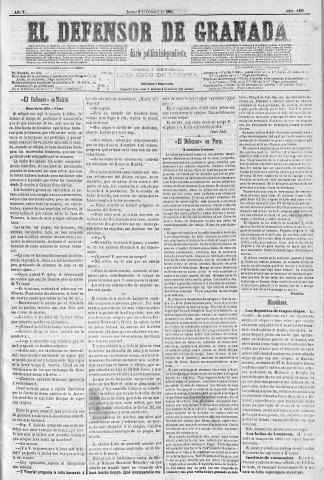 'El Defensor de Granada  : diario político independiente' - Año V Número 1455  - 1884 Octubre 09
