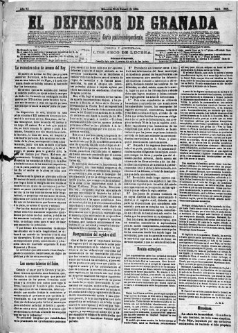 'El Defensor de Granada  : diario político independiente' - Año VI Número 1608  - 1885 Febrero 25