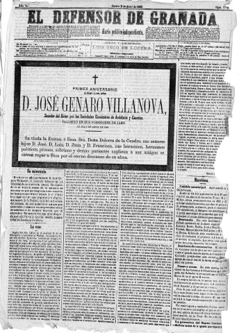 'El Defensor de Granada  : diario político independiente' - Año VI Número 1890  - 1885 Abril 02