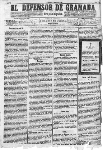 'El Defensor de Granada  : diario político independiente' - Año VI Número 1891  - 1885 Abril 05