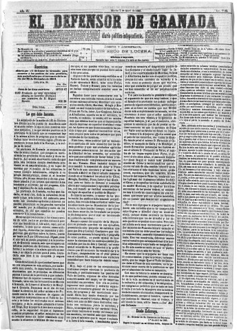 'El Defensor de Granada  : diario político independiente' - Año VI Número 1893  - 1885 Abril 07