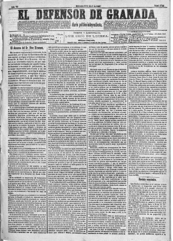 'El Defensor de Granada  : diario político independiente' - Año VI Número 1894  - 1885 Abril 08