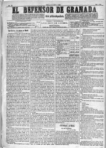 'El Defensor de Granada  : diario político independiente' - Año VII Número 1700  - 1885 Abril 14