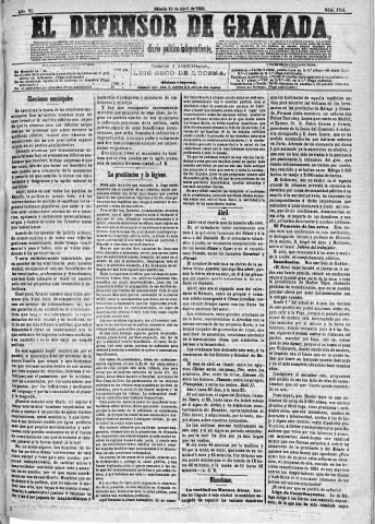 'El Defensor de Granada  : diario político independiente' - Año VI Número 1704  - 1885 Abril 18