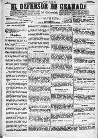 'El Defensor de Granada  : diario político independiente' - Año VI Número 1744  - 1885 Mayo 28