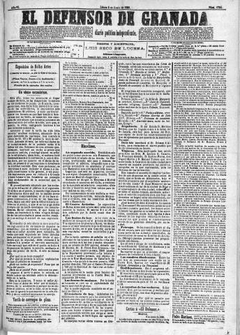 'El Defensor de Granada  : diario político independiente' - Año VI Número 1755  - 1885 Junio 08